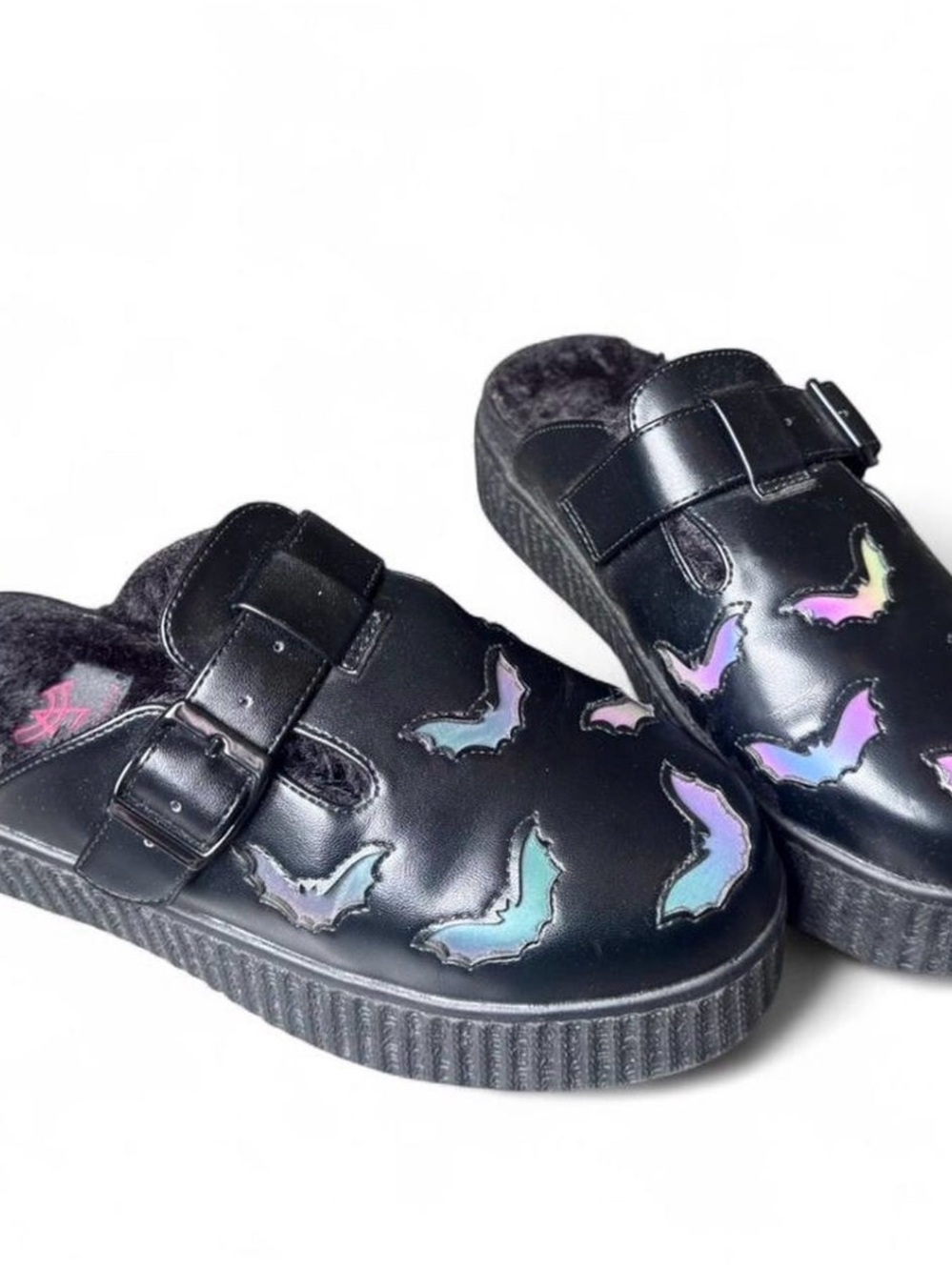Strange Cvlt Black Platform Creeper Clogs with Iridescent Bat Accents